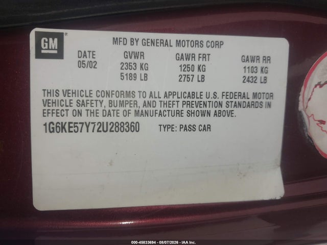 45833694 :رقم المزاد ، 1G6KE57Y72U288360 vin ، 2002 Cadillac Deville Dhs مزاد بيع