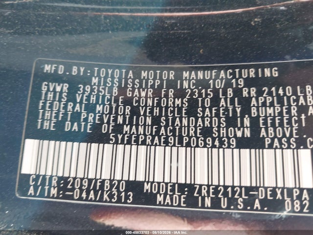 45833703 :رقم المزاد ، 5YFEPRAE9LP069439 vin ، 2020 Toyota Corolla Le مزاد بيع
