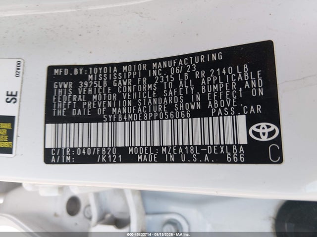 45833714 :رقم المزاد ، 5YFB4MDE8PP056066 vin ، 2023 Toyota Corolla Le مزاد بيع