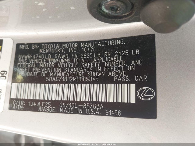 2021 Lexus Es 350 F Sport მანქანა იყიდება აუქციონზე, vin: 58AGZ1B12MU085345, აუქციონის ნომერი: 45833719