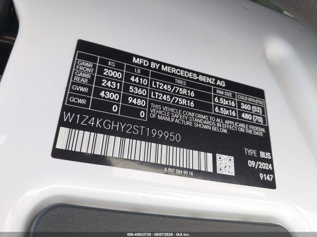 Aukcja sprzedaży 2025 Mercedes-benz Sprinter 2500 High Roof 4-cyl Diesel, vin: W1Z4KGHY2ST199950, numer aukcji: 45833728
