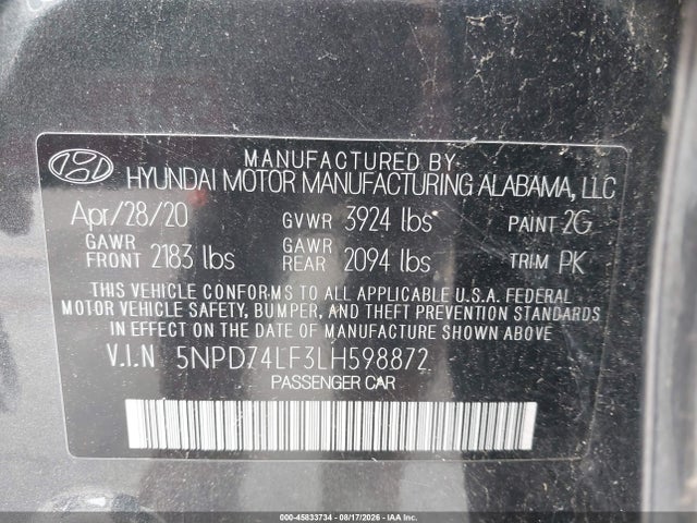 Aukcja sprzedaży 2020 Hyundai Elantra Se, vin: 5NPD74LF3LH598872, numer aukcji: 45833734