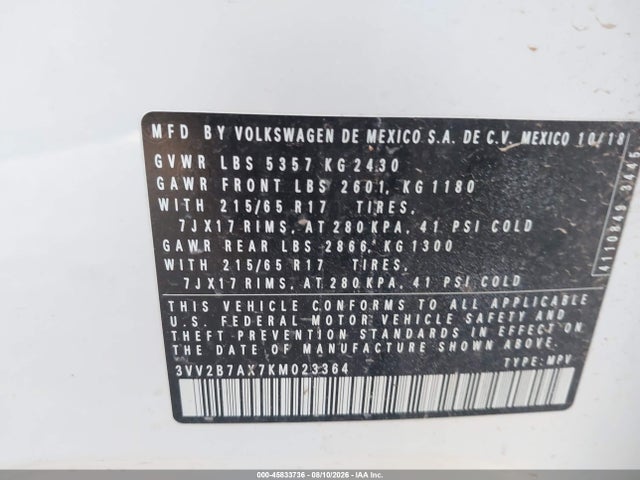 45833736 :رقم المزاد ، 3VV2B7AX7KM023364 vin ، 2019 Volkswagen Tiguan 2.0t Se/2.0t Sel/2.0t Sel R-line/2.0t Sel R-line Black مزاد بيع