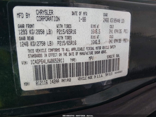 Aukcja sprzedaży 1998 Chrysler Town & Country Lxi, vin: 1C4GP64LXWB652011, numer aukcji: 45833743