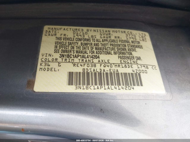 45833754 :رقم المزاد ، 3N1BC1AP1AL414204 vin ، 2010 Nissan Versa 1.8s مزاد بيع