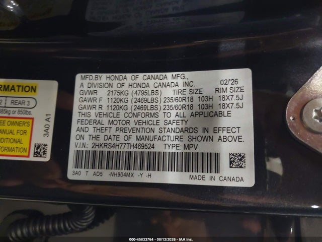Продажа на аукционе авто 2026 Honda Cr-v Ex-l Awd, vin: 2HKRS4H77TH469524, номер лота: 45833764