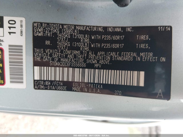 Aukcja sprzedaży 2015 Toyota Sienna Le 8 Passenger, vin: 5TDKK3DC6FS556666, numer aukcji: 45833766