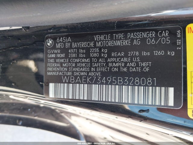 45833801 :رقم المزاد ، WBAEK73495B328081 vin ، 2005 Bmw 645ci مزاد بيع