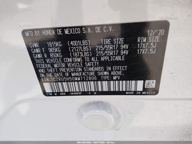 Aukcja sprzedaży 2021 Honda Hr-v 2wd Ex, vin: 3CZRU5H50MM712806, numer aukcji: 45833804