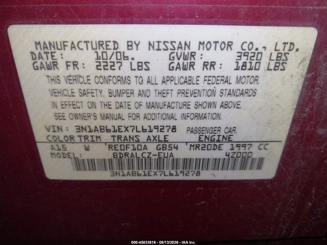 45833816 :رقم المزاد ، 3N1AB61EX7L619278 vin ، 2007 Nissan Sentra 2.0 مزاد بيع