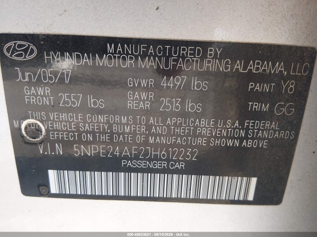 45833821 :رقم المزاد ، 5NPE24AF2JH612232 vin ، 2018 Hyundai Sonata Se مزاد بيع