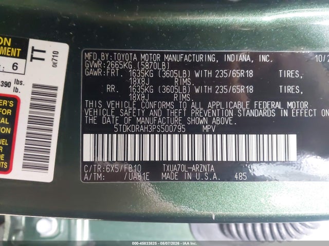 Aukcja sprzedaży 2023 Toyota Highlander L, vin: 5TDKDRAH3PS500795, numer aukcji: 45833825