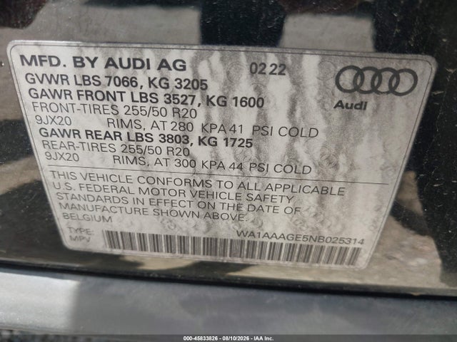 45833826 :رقم المزاد ، WA1AAAGE5NB025314 vin ، 2022 Audi E-tron Premium Quattro مزاد بيع
