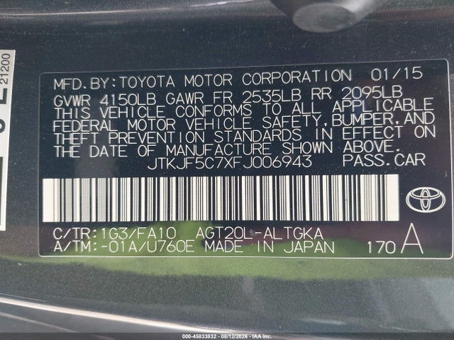 Aukcja sprzedaży 2015 Scion Tc, vin: JTKJF5C7XFJ006943, numer aukcji: 45833832