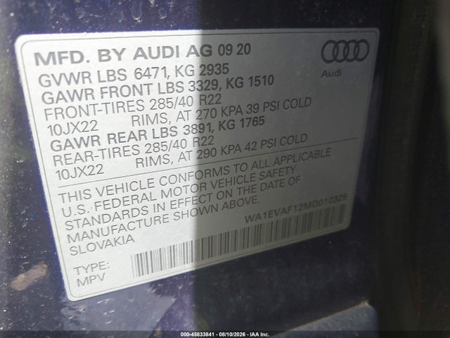 Aukcja sprzedaży 2021 Audi Q8 Premium Plus 55 Tfsi Quattro Tiptronic, vin: WA1EVAF12MD010325, numer aukcji: 45833841