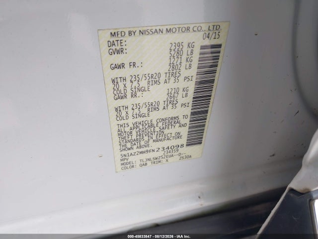 2015 Nissan Murano Platinum მანქანა იყიდება აუქციონზე, vin: 5N1AZ2MH9FN234098, აუქციონის ნომერი: 45833847
