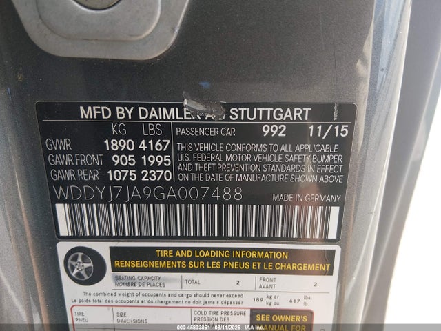 Aukcja sprzedaży 2016 Mercedes-benz Gt S Amg, vin: WDDYJ7JA9GA007488, numer aukcji: 45833861