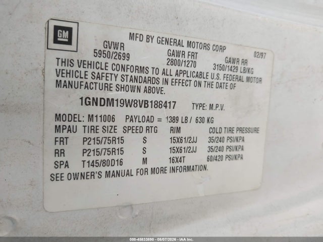 Продаж на аукціоні авто 1997 Chevrolet Astro Passenger Ls Cmi, vin: 1GNDM19W8VB188417, номер лоту: 45833890