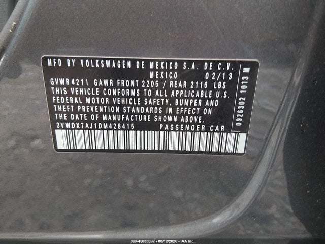 2013 Volkswagen Jetta 2.5l Se მანქანა იყიდება აუქციონზე, vin: 3VWDX7AJ1DM428415, აუქციონის ნომერი: 45833897