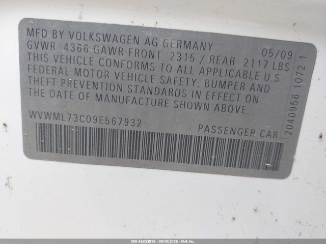 Продаж на аукціоні авто 2009 Volkswagen Cc Sport, vin: WVWML73C09E567932, номер лоту: 45833915