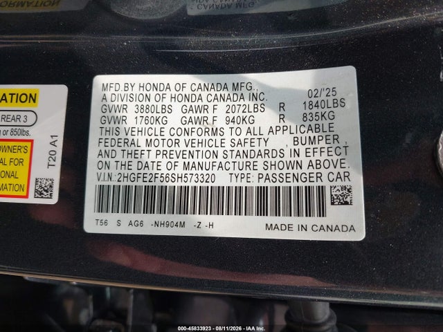 Aukcja sprzedaży 2025 Honda Civic Sport, vin: 2HGFE2F56SH573320, numer aukcji: 45833923