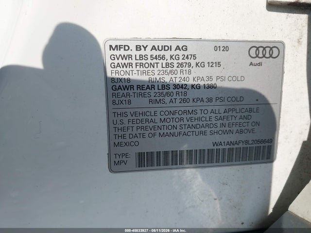 Продажа на аукционе авто 2020 Audi Q5 Premium 45 Tfsi Quattro S Tronic, vin: WA1ANAFY8L2056649, номер лота: 45833927