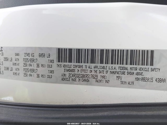 Aukcja sprzedaży 2019 Dodge Grand Caravan Gt, vin: 2C4RDGEG8KR517629, numer aukcji: 45833937