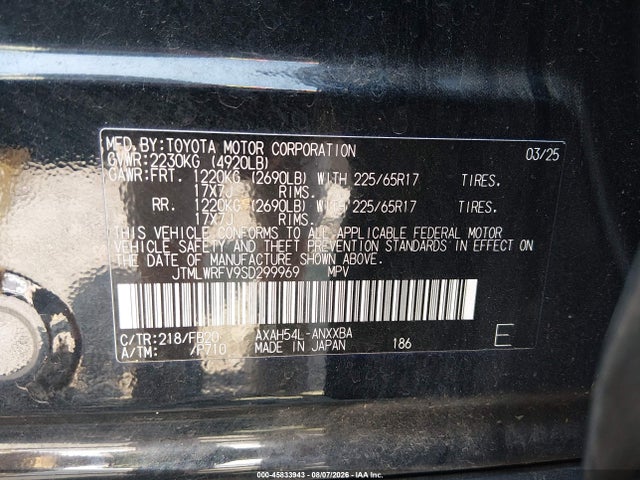 Aukcja sprzedaży 2025 Toyota Rav4 Hybrid Le, vin: JTMLWRFV9SD299969, numer aukcji: 45833943