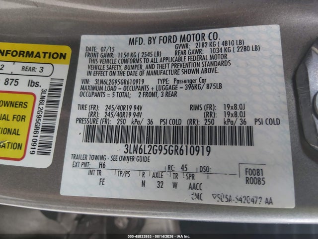Aukcja sprzedaży 2016 Lincoln Mkz, vin: 3LN6L2G95GR610919, numer aukcji: 45833953