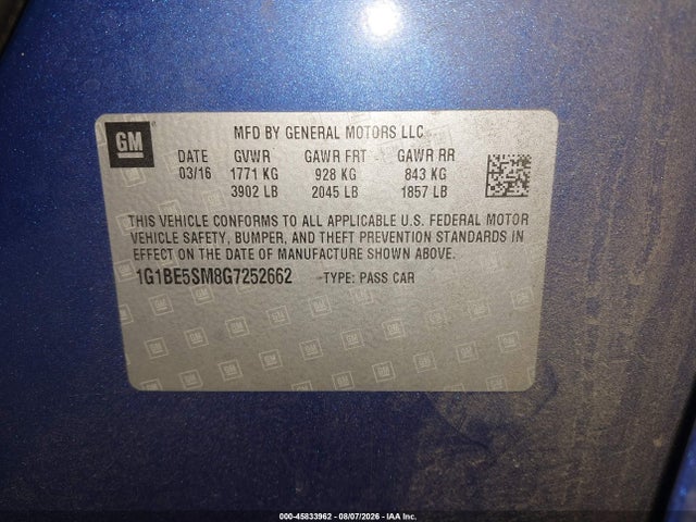 1G1BE5SM8G7252662 Chevrolet Cruze Lt Auto
