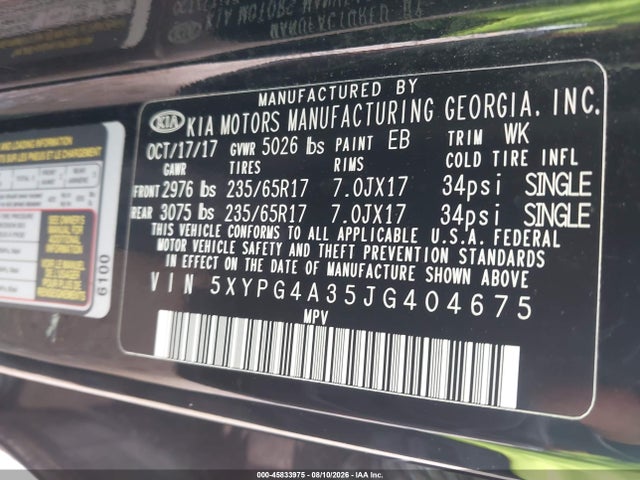 Продажа на аукционе авто 2018 Kia Sorento 2.4l Lx, vin: 5XYPG4A35JG404675, номер лота: 45833975