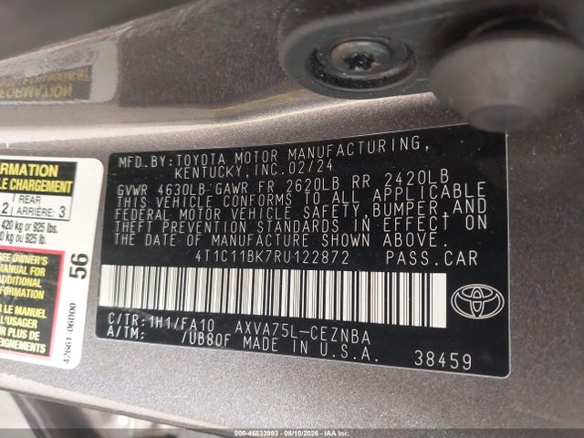 45833993 :رقم المزاد ، 4T1C11BK7RU122872 vin ، 2024 Toyota Camry Le مزاد بيع