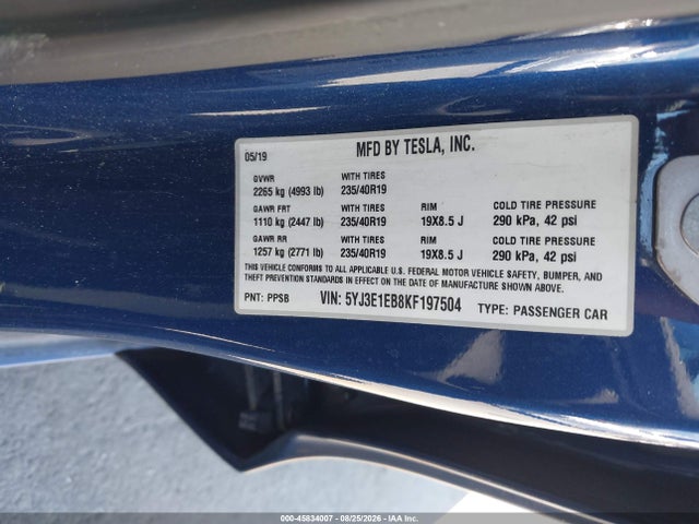 Aukcja sprzedaży 2019 Tesla Model 3 Long Range/performance, vin: 5YJ3E1EB8KF197504, numer aukcji: 45834007