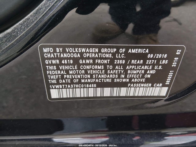 45834014 :رقم المزاد ، 1VWBT7A37HC018455 vin ، 2017 Volkswagen Passat 1.8t Se مزاد بيع