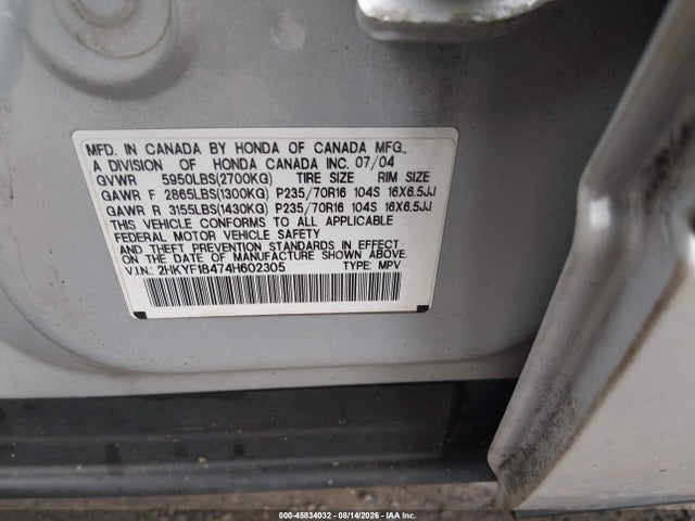 Продажа на аукционе авто 2004 Honda Pilot Ex, vin: 2HKYF18474H602305, номер лота: 45834032