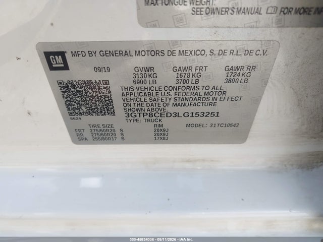 Продаж на аукціоні авто 2020 Gmc Sierra 1500 2wd  Short Box Elevation, vin: 3GTP8CED3LG153251, номер лоту: 45834038