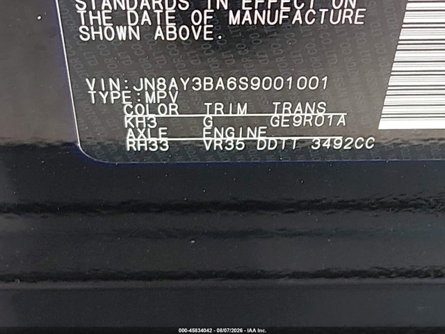 45834042 :رقم المزاد ، JN8AY3BA6S9001001 vin ، 2025 Nissan Armada Sl 2wd مزاد بيع