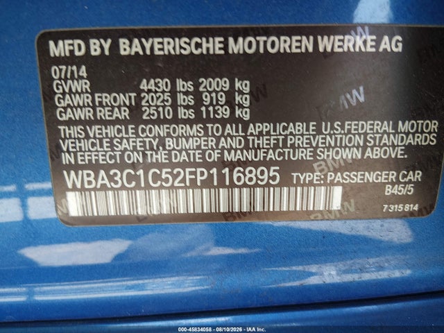 45834058 :رقم المزاد ، WBA3C1C52FP116895 vin ، 2015 Bmw 328i مزاد بيع