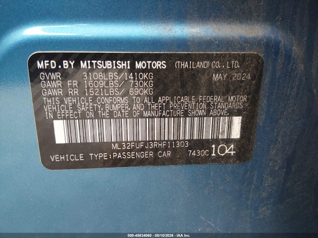 Aukcja sprzedaży 2024 Mitsubishi Mirage G4 Black Edition/es/le, vin: ML32FUFJ3RHF11303, numer aukcji: 45834060