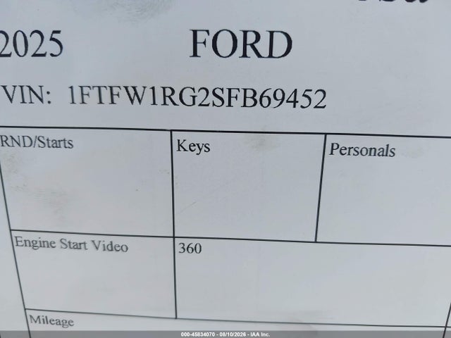 45834070 :رقم المزاد ، 1FTFW1RG2SFB69452 vin ، 2025 Ford F-150 Raptor مزاد بيع