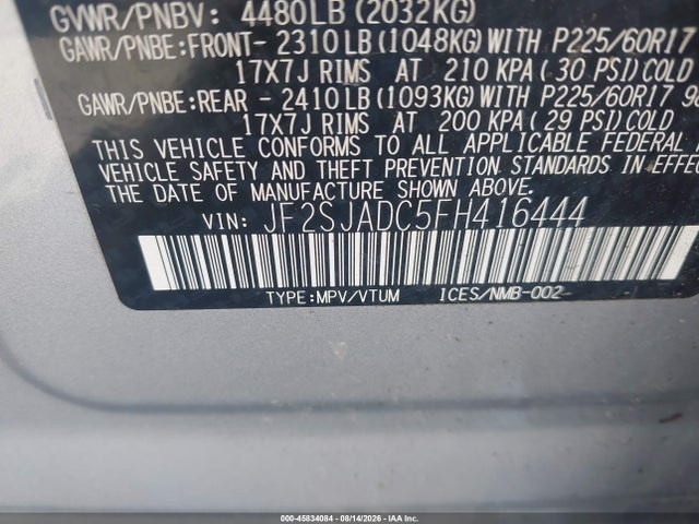 2015 Subaru Forester 2.5i Premium მანქანა იყიდება აუქციონზე, vin: JF2SJADC5FH416444, აუქციონის ნომერი: 45834084
