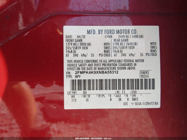 2022 Ford Edge Titanium მანქანა იყიდება აუქციონზე, vin: 2FMPK4K9XNBA55312, აუქციონის ნომერი: 45834089