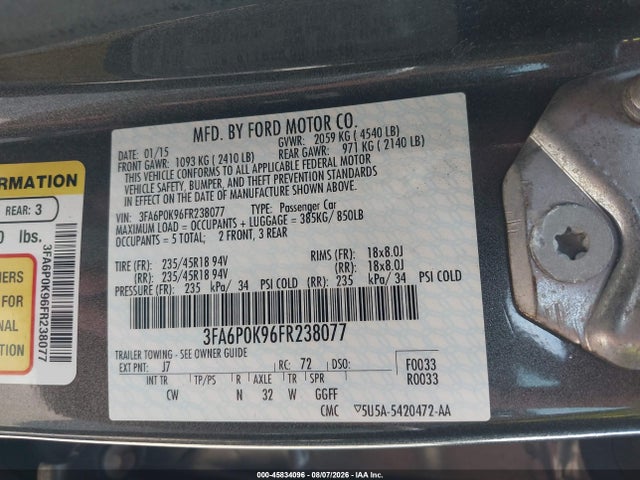 Продажа на аукционе авто 2015 Ford Fusion Titanium, vin: 3FA6P0K96FR238077, номер лота: 45834096