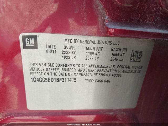 Продажа на аукционе авто 2011 Buick Lacrosse Cxl, vin: 1G4GC5ED1BF311415, номер лота: 45834100