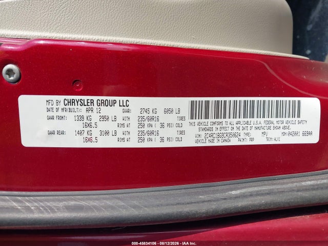 Auction sale of the 2012 Chrysler Town & Country Touring, vin: 2C4RC1BG9CR350624, lot number: 45834106