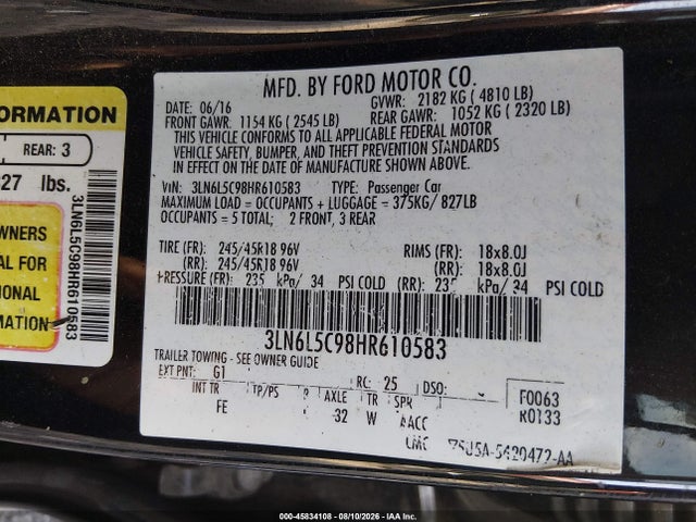 Aukcja sprzedaży 2017 Lincoln Mkz Select, vin: 3LN6L5C98HR610583, numer aukcji: 45834108