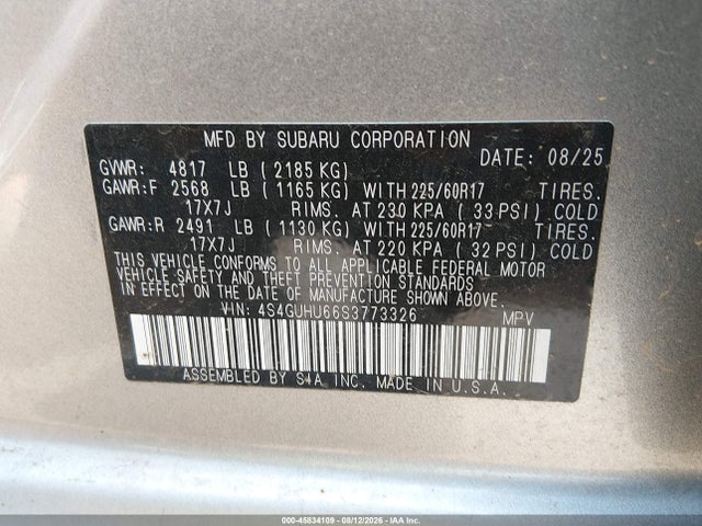 45834109 :رقم المزاد ، 4S4GUHU66S3773326 vin ، 2025 Subaru Crosstrek Wilderness مزاد بيع