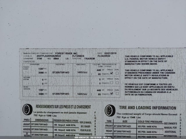 Продаж на аукціоні авто 2019 Forest River Other, vin: 4X4TFLA2XKD429522, номер лоту: 45834126