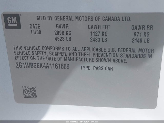 2010 Chevrolet Impala Lt მანქანა იყიდება აუქციონზე, vin: 2G1WB5EK4A1161669, აუქციონის ნომერი: 45834127