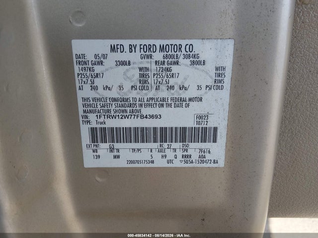 Auction sale of the 2007 Ford F-150 Xlt, vin: 1FTRW12W77FB43693, lot number: 45834142